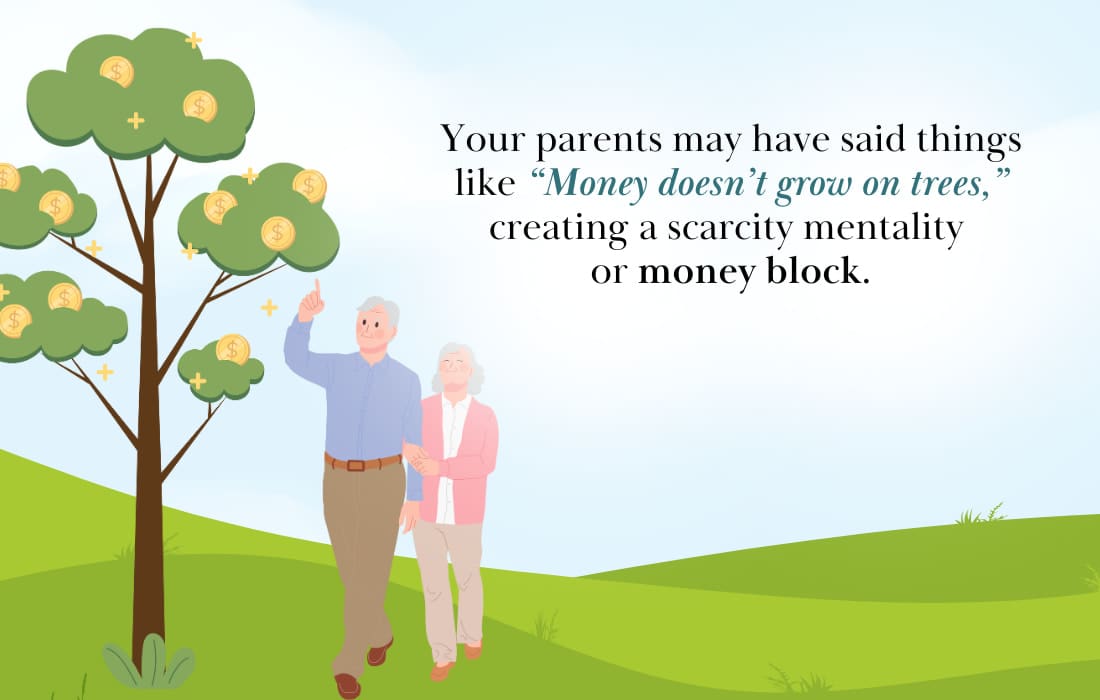 Let's say your parents always said things like "Money doesn't grow on trees" or "Do you think we are made of money?" This may create a scarcity mentality and could create a money block.
